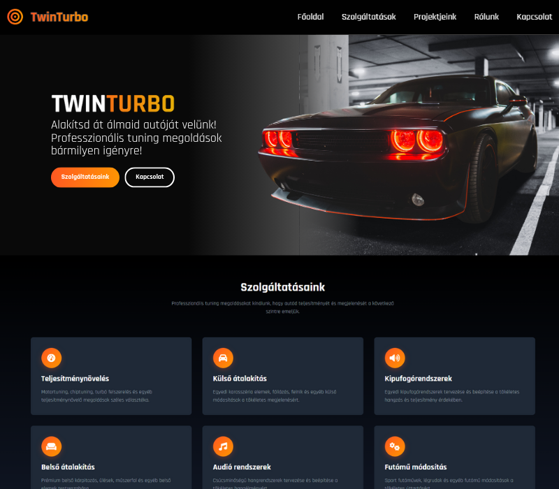 Autó tunning és szervíz koncepció weboldal