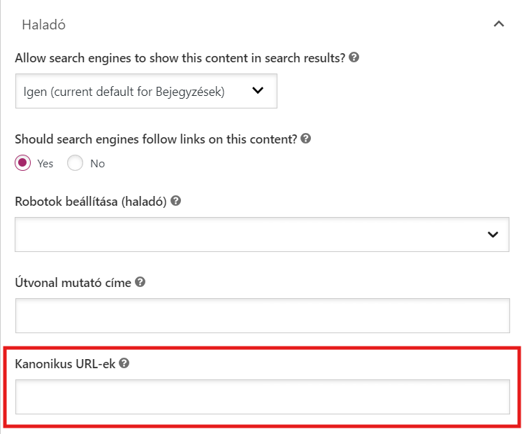 Yoast SEO bővítmény képernyőfotója a Canonical URL beállítási mezővel WordPressben.