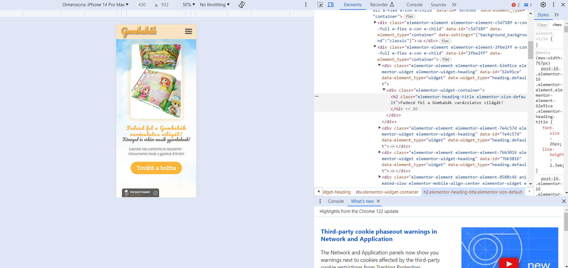 Képernyőfotó a Chrome fejlesztői eszközeiről, amely egy weboldalt különböző képernyőméreteken szimulál.