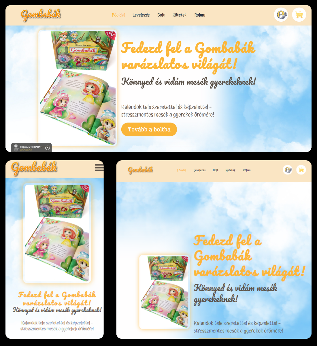 Egy weboldal különböző képernyőméreteken (asztali, tablet, mobil) való reszponzív megjelenítésének illusztrációja.