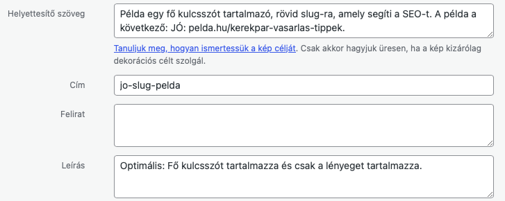 A képen látszik, hogy hogyan tudod optimalizálni a feltöltött képedet WordPress platformon a Yoast SEO bővítmény segítségével.
