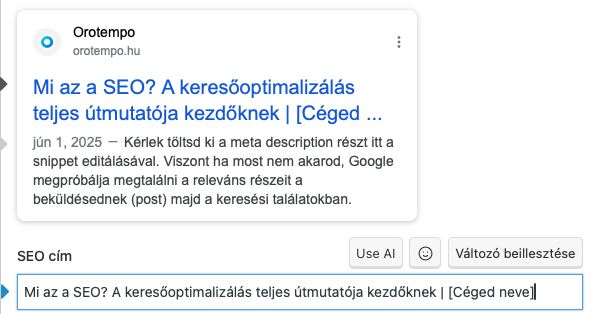 A képen látszik, hogy hogyan tudod megadni a SEO címét WordPress platformon a Yoast SEO bővítmény segítségével.